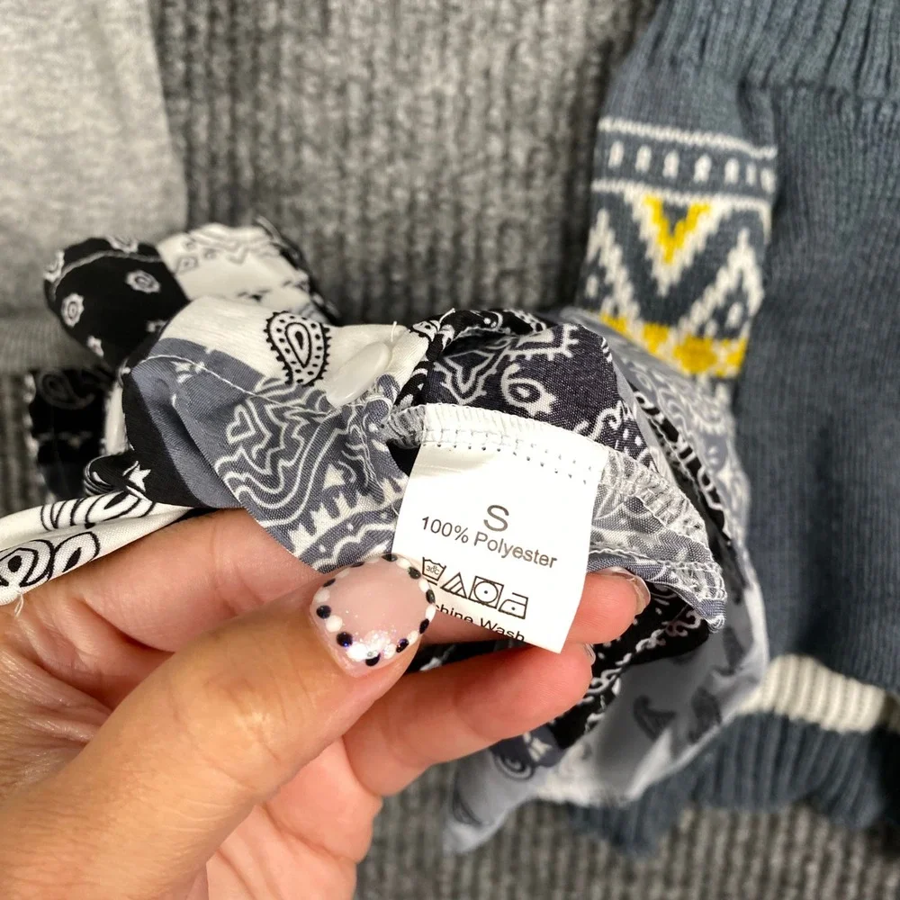 Petsin Small Pet Apparel Bundle Gray Hoodie Bandana Shirt Fair Isle Sweater 3pc